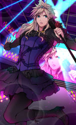 Rule 34 | 1boy, adapted costume, alternate costume, beckey9415, black pantyhose, blonde hair, boots, cloud strife, corset, crossdressing, crowd, final fantasy, final fantasy vii, final fantasy vii remake, frilled sleeves, frills, glowstick, high heel boots, high heels, highres, idol, idolmaster, idolmaster side-m, male focus, microphone, microphone stand, pantyhose, parody, parted lips, solo, spiked hair, stage, stage lights, tiara, trap, wall market