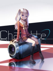 Rule 34 | 10s, 1girl, absurdres, blue eyes, camcorder, charlotte (anime), copyright name, highres, long hair, oversized object, parted lips, school uniform, serafuku, silver hair, solo, tomori nao, twintails, two side up, video camera, x-red flower