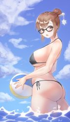 Rule 34 | 1girl, :o, artist name, ass, bad id, bad pixiv id, ball, beachball, bikini, black bikini, blue nails, blue sky, blush, breasts, brown eyes, brown hair, cloud, cloudy sky, collarbone, covered erect nipples, cowboy shot, day, eyelashes, fingernails, from side, groin, hair bun, hair ornament, hair stick, halterneck, harry (dudwofla), highres, holding, holding ball, large breasts, legs together, looking at viewer, mei (overwatch), nail polish, open mouth, outdoors, overwatch, overwatch 1, partially submerged, short hair, side-tie bikini bottom, single hair bun, sky, snowflake hair ornament, solo, standing, swimsuit, thighs, thong, thong bikini, underboob, wading, water