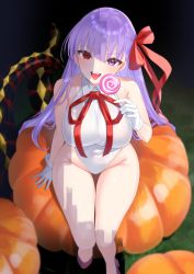 Rule 34 | 1girl, bare shoulders, bb (fate), bb (fate) (all), bb (swimsuit mooncancer) (fate), bb (swimsuit mooncancer) (third ascension) (fate), blush, breasts, candy, covered navel, fate/grand order, fate (series), food, gloves, hair ribbon, heterochromia, highleg, highleg leotard, highres, large breasts, leotard, lollipop, long hair, looking at viewer, neck ribbon, open mouth, pumpkin, purple eyes, purple hair, red eyes, red ribbon, ribbon, shadow, sitting, smile, solo, swirl lollipop, tentacles, thigh gap, thighs, tongue, very long hair, white gloves, white leotard, yamamura umi