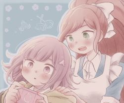 Rule 34 | 2girls, :d, :o, apron, blue dress, blunt bangs, blush, bow, brown eyes, brown hair, brown jacket, cleaning brush, collared shirt, commentary request, danganronpa (series), danganronpa 3 (anime), dress, flipped hair, green eyes, hair bow, hair ornament, hand on another&#039;s shoulder, handheld game console, highres, holding, hood, hood down, hooded jacket, jacket, light brown hair, long hair, long sleeves, maid, maid apron, medium hair, multiple girls, nanami chiaki, open mouth, playing games, ponytail, shirt, smile, spaceship hair ornament, teeth, upper teeth only, white apron, white bow, white shirt, yuki maru (yukimaru 1), yukizome chisa