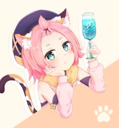 Rule 34 | 1girl, animal ear fluff, animal ears, bangs pinned back, cat ears, cat girl, cat tail, cocktail, cocktail glass, commentary request, cup, detached sleeves, diona (genshin impact), drinking glass, forehead, genshin impact, green eyes, hair ribbon, holding, holding cup, ice, ice cube, iumi, looking at viewer, paw print, pink hair, puffy detached sleeves, puffy sleeves, ribbon, short hair, sidelocks, simple background, smile, solo, tail, thick eyebrows