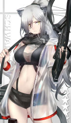 Rule 34 | 1girl, animal ears, arknights, bag, black scarf, black shorts, bow (weapon), breasts, buckle, character name, closed mouth, coat, crossbow, hair over one eye, high ponytail, highres, holding, holding weapon, hood, hood down, long hair, long sleeves, looking at viewer, medium breasts, navel, open clothes, open coat, quiver, raincoat, scarf, schwarz (arknights), see-through, serious, shigure s, short shorts, shorts, shoulder bag, silver hair, slit pupils, solo, stomach, two-tone background, very long hair, weapon, white coat, yellow eyes