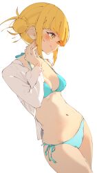 Rule 34 | 1girl, arm behind back, bikini, blonde hair, blue bikini, blunt bangs, blush, boku no hero academia, breasts, cardigan, cleavage, closed mouth, collarbone, commentary, covered erect nipples, cowboy shot, double bun, english commentary, fang, groin, hair bun, halterneck, hand in own hair, hand up, highres, long sleeves, looking to the side, medium breasts, messy hair, nail polish, navel, pink nails, profile, rasusurasu, short eyebrows, short hair with long locks, side-tie bikini bottom, sidelocks, simple background, skin fang, solo, straight hair, swimsuit, toga himiko, white background, white cardigan, yellow eyes