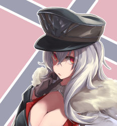 Rule 34 | 1girl, azur lane, black gloves, breasts, cleavage, cross, eyes visible through hair, fur trim, gloves, graf zeppelin (azur lane), hair between eyes, hand on own face, hat, highres, iron cross, kaede momiji, large breasts, long hair, looking at viewer, military, military uniform, parted lips, peaked cap, red eyes, silver hair, solo, uniform, upper body