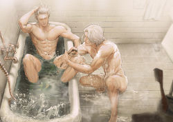 Rule 34 | 2boys, abs, arm up, bath, bathing, bathtub, closed eyes, condensation, dante (devil may cry), devil may cry (series), devil may cry 5, drain (object), eyes visible through hair, facial hair, fulushouxijixiangcha, hair slicked back, holding, indoors, male focus, multiple boys, muscular, navel, nipples, nude, partially submerged, same-sex bathing, shared bathing, siblings, soap, soap bubbles, spoilers, steam, stubble, tile floor, tile wall, tiles, toothbrush, towel, vergil (devil may cry), water, wet, white hair