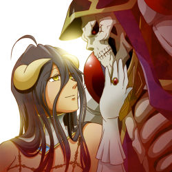 Rule 34 | 1boy, 1girl, ahoge, ainz ooal gown, albedo (overlord), bare shoulders, black hair, black wings, breasts, cleavage, demon wings, detached collar, dress, gloves, hair between eyes, hand on another&#039;s chin, horns, jewelry, k-ta, long hair, looking at viewer, overlord (maruyama), ring, slit pupils, smile, white dress, white gloves, wings, yellow eyes