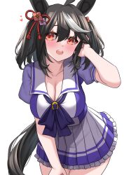 Rule 34 | 1girl, ahoge, animal ears, arm up, blush, bow, bowtie, breasts, cleavage, collarbone, commentary request, hair ribbon, heart, highres, horse ears, horse girl, horse tail, kibihimi, kitasan black (umamusume), large breasts, leaning forward, looking ahead, multicolored hair, open mouth, pleated skirt, puffy short sleeves, puffy sleeves, purple bow, purple bowtie, red ribbon, ribbon, school uniform, short hair, short sleeves, simple background, skirt, smile, solo, streaked hair, tail, tracen school uniform, two side up, umamusume, white background, white hair, white skirt