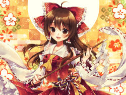 Rule 34 | 1girl, ahoge, ascot, blush, bow, brown eyes, brown hair, checkered background, cherry blossoms, commentary, commentary request, cowboy shot, detached sleeves, frilled sleeves, frills, full moon, gohei, hair between eyes, hair bow, hair tubes, hakurei reimu, holding, holding stick, kirisita, looking at viewer, moon, new year, open mouth, petticoat, red skirt, red vest, ribbon-trimmed sleeves, ribbon trim, sidelocks, skirt, skirt set, solo, standing, stick, teeth, touhou, upper teeth only, vest, yellow ascot, yellow background