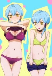 Rule 34 | 10s, 2girls, blue hair, blush, bow, bow bra, bra, breasts, cardfight!! vanguard, charlene chen, checkered bra, checkered clothes, checkered panties, clothes lift, clothes pull, cowboy shot, gillian chen, hair ornament, hair tubes, hidaka kazuma, large breasts, long hair, looking at another, looking to the side, multiple girls, panties, purple bra, purple panties, ringed eyes, shirt lift, shorts, shorts pull, siblings, sisters, sweatdrop, twins, underwear, undressing, yellow eyes
