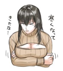 Rule 34 | 1girl, alternate costume, black hair, blush, breast hold, breast lift, breasts, brown eyes, cleavage, cleavage cutout, clothing cutout, crossed arms, female focus, hair between eyes, half-closed eyes, large breasts, lips, long hair, long sleeves, looking at viewer, m.u.g.e.n, meme attire, motion lines, one eye closed, open-chest sweater, original, ribbed sweater, scar, sendai hakurei no miko, sidelocks, simple background, sketch, solo, sweater, taikyokuturugi, touhou, translation request, turtleneck, upper body, white background
