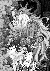 Rule 34 | 1boy, 1girl, armor, carrying, carrying person, climbing, corruption, dress, ender lilies quietus of the knights, fake horns, greyscale, helmet, highres, horned helmet, horns, knight, lily (ender lilies), long hair, monochrome, nanai yuki, outdoors, rain, ruins, shoulder spikes, spikes, tendril, ulv the mad knight