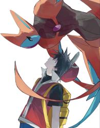 Rule 34 | 1boy, 1other, backpack, bag, belt, black hair, black shirt, blue pants, brown belt, commentary, creatures (company), deoxys, deoxys (attack), eye contact, game freak, gen 3 pokemon, hat, highres, jacket, looking at another, looking up, male focus, mythical pokemon, nintendo, pants, pokemon, pokemon (creature), pokemon adventures, red (pokemon), red headwear, red jacket, sakanobo (sushi1021), shirt, short hair, short sleeves, simple background, spiked hair, symbol-only commentary, t-shirt, white background, yellow bag