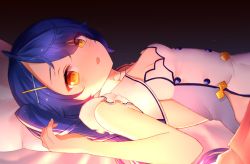 Rule 34 | 1girl, amamiya kokoro, bed, blue hair, blue nails, blush, breasts, cleavage, detached collar, fang, hair ornament, highres, long hair, looking at viewer, lying, nail polish, neit ni sei, nijisanji, on back, on bed, open mouth, pillow, sleeveless, solo, twintails, upper body, very long hair, virtual youtuber, yellow eyes