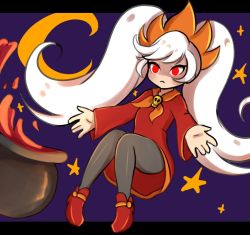 Rule 34 | 1girl, alternate hair color, ashley (warioware), big hair, black pantyhose, cauldron, chanpotei, closed mouth, crescent moon, dress, floating, knees together feet apart, legs together, long hair, long sleeves, moon, neckwear request, nintendo, orange neckwear, outstretched arms, pantyhose, red dress, red eyes, red footwear, sidelocks, skull, spread arms, star (symbol), starry background, twintails, very long hair, warioware, white hair, witch