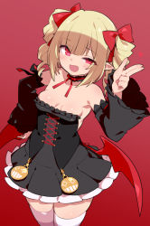 Rule 34 | :d, bare shoulders, black dress, black sleeves, blonde hair, bow, breasts, cleavage, cowboy shot, detached collar, detached sleeves, dress, drill hair, dungeon fighter online, fang, frilled dress, frills, gradient background, hair bow, half-closed eye, hand on own hip, hand up, layered dress, light blush, looking at viewer, off-shoulder dress, off shoulder, open mouth, pink eyes, red background, red bow, red ribbon, ribbon, skin fang, slit pupils, small breasts, smile, stroma, thighhighs, twin drills, twintails, white thighhighs, wide sleeves