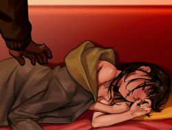 Rule 34 | 1boy, 1girl, as109, brown hair, collarbone, couch, covered, closed eyes, jacket, lying, on side, parted lips, shoujo to ura roji, sleeping, solo focus