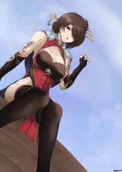 Rule 34 | 1girl, arm support, beidou (genshin impact), black leotard, blue sky, boots, breasts, brown eyes, brown hair, chinese clothes, cleavage, dangle earrings, dress, dutch angle, earrings, eyepatch, fingerless gloves, from below, fur trim, genshin impact, gloves, gloxuba, hair ornament, hair over one eye, hair stick, hairpin, highleg, highleg leotard, highres, jewelry, large breasts, leotard, long hair, one eye covered, pelvic curtain, red dress, colored eyepatch, scar, scar on arm, scar on chest, shoulder tattoo, sitting, sky, tattoo, thigh boots, thighhighs