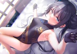 Rule 34 | 1girl, armpits, black dress, black gloves, black hair, blue archive, breasts, butterfly hair ornament, china dress, chinese clothes, double bun, dragon print, dress, gloves, grey eyes, hair bun, hair ornament, halo, highres, kisaki (blue archive), long hair, looking at viewer, lying, on back, pelvic curtain, print dress, sleeveless, sleeveless dress, small breasts, solo, suggestive fluid, togami (tobysou526), twintails