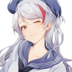 Rule 34 | 1girl, ;), azur lane, black neckerchief, blue hat, blue sailor collar, brown eyes, closed mouth, collarbone, commentary request, hair between eyes, hat, head tilt, highres, long hair, looking at viewer, multicolored hair, neckerchief, one eye closed, prinz eugen (azur lane), red hair, sailor collar, sailor hat, shinidei, shirt, silver hair, simple background, smile, solo, streaked hair, swept bangs, upper body, white background, white shirt
