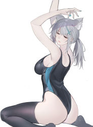 Rule 34 | 1girl, absurdres, animal ears, arms up, ass, blue archive, blue nails, breasts, competition swimsuit, echj, hair ornament, hairclip, highres, looking back, nail polish, one-piece swimsuit, ponytail, shiroko (blue archive), shiroko (swimsuit) (blue archive), sideboob, simple background, socks, solo, swimsuit
