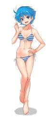 Rule 34 | 10s, 1girl, :d, bikini, blue eyes, blue hair, blush, blush stickers, breasts, cleavage, feet together, front-tie top, full body, hand on own hip, kazuma muramasa, leg up, matching hair/eyes, medium breasts, navel, nishijima waon, open mouth, precure, short hair, side-tie bikini bottom, simple background, smile, solo, standing, striped bikini, striped clothes, suite precure, swimsuit, white background