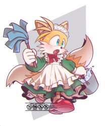 Rule 34 | 1boy, animal, animal ears, apron, blue eyes, dress, fox, fox boy, fox ears, fox tail, frilled apron, frilled dress, frilled hairband, frilled sleeves, frills, furry, furry male, gloves, hairband, highres, looking to the side, maid, maid apron, maid headdress, shoes, solo, sonic (series), tail, tails (sonic), yellow fur