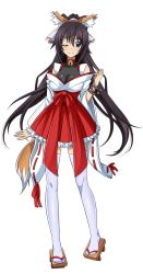 Rule 34 | 10s, 1girl, bell, bikini, black hair, bracelet, breasts, cleavage, collar, eyebrows, front-tie bikini top, front-tie top, full body, geta, hair between eyes, hair ribbon, hand on own hip, highres, infinite stratos, japanese clothes, jewelry, lace-trimmed sleeves, lace trim, long hair, looking at viewer, medium breasts, miko, navel, neck bell, one eye closed, ponytail, purple eyes, red ribbon, ribbon, sash, shinonono houki, smile, solo, swimsuit, thighhighs, transparent background, white ribbon, white thighhighs