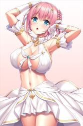 Rule 34 | 1girl, arm up, bare shoulders, blue eyes, blush, braid, breasts, cleavage, covered erect nipples, cowboy shot, gloves, gradient background, hair between eyes, hand up, lambda (kusowarota), looking at viewer, navel, no bra, open mouth, pink background, pink hair, princess connect!, skirt, solo, standing, thighs, tongue, white background, white gloves, white skirt, yui (ceremonial) (princess connect!), yui (princess connect!)
