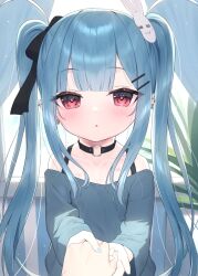 Rule 34 | 1boy, 1girl, :o, bad id, bad pixiv id, bare shoulders, black bow, blue hair, blush, bow, collarbone, commentary request, curtains, ear piercing, grey shirt, hair bow, hair ornament, hairclip, highres, holding hands, indoors, long hair, looking at viewer, off-shoulder shirt, off shoulder, original, out of frame, parted lips, piercing, rabbit hair ornament, red eyes, shirt, solo focus, tsukiman, twintails, very long hair, window