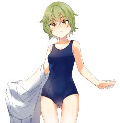 Rule 34 | 1girl, ahoge, blue one-piece swimsuit, blush, breasts, chestnut mouth, collarbone, cowboy shot, cue!, green hair, hair between eyes, jacket, kano shiho, looking at viewer, new school swimsuit, one-piece swimsuit, open mouth, school swimsuit, shirt, simple background, solo, standing, swimsuit, undressing, white background, white jacket, white shirt, y kimisaki, yellow eyes