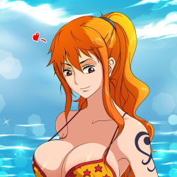 Rule 34 | 1girl, bikini, breasts, cleavage, large breasts, long hair, nami (one piece), one piece, orange hair, ponytail, rannero, strap gap, swimsuit, tattoo