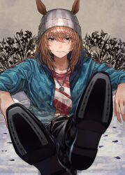 Rule 34 | 1girl, absurdres, animal ears, beanie, black eyes, blue jacket, brown background, brown hair, chain necklace, crossed legs, dice pendant, feet up, footwear focus, grey hat, hair between eyes, hat, highres, horse ears, horse girl, horseshoe, jacket, jewelry, long hair, long sleeves, looking at viewer, nakayama festa (umamusume), necklace, open clothes, open jacket, oshiri seijin, red shirt, shirt, slouching, solo, striped clothes, striped headwear, textless version, umamusume