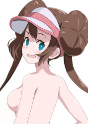 Rule 34 | 1girl, absurdres, blue eyes, breasts, brown hair, creatures (company), double bun, floating hair, from behind, game freak, hair bun, highres, long hair, looking at viewer, looking back, medium breasts, nintendo, nude, open mouth, pokemon, pokemon bw2, rosa (pokemon), shiny skin, sideboob, simple background, solo, tabo (q4bhqfyxi8zrqlm), upper body, visor cap, white background