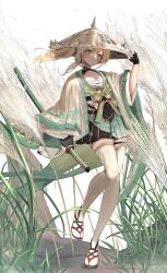 Rule 34 | 1girl, absurdres, black gloves, black skirt, blonde hair, blush, chest sarashi, crossed bangs, day, fingerless gloves, gloves, grass, green eyes, green skirt, hand on headwear, haori, hat, highres, hololive, japanese clothes, katana, kazama iroha, kazama iroha (1st costume), long sleeves, looking at viewer, maison de cante, outdoors, parted lips, pleated skirt, ponytail, sandals, sarashi, sheath, sheathed, skirt, solo, standing, standing on one leg, straw hat, sword, thighhighs, two-tone skirt, virtual youtuber, weapon, wheat field, white thighhighs, wide sleeves
