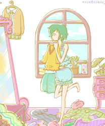 Rule 34 | 1girl, bad id, bad pixiv id, bare arms, bare legs, clothes on floor, cloud, coppelion, day, flat color, fukasaku aoi, green hair, indoors, looking at mirror, mirror, pale color, plant, potted plant, room, slippers, solo, stuffed animal, stuffed rabbit, stuffed toy, underwear, wakanu, window