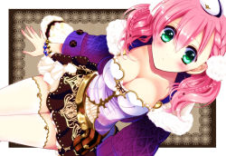 Rule 34 | 10s, 1girl, amiko (frostedchocolate), atelier (series), atelier escha &amp; logy, bad id, bad pixiv id, blush, bracelet, braid, breasts, cleavage, collarbone, escha malier, female focus, french braid, from above, green eyes, hat, jewelry, looking up, pink hair, short hair, sitting, skirt, solo, thighhighs, twintails, white thighhighs