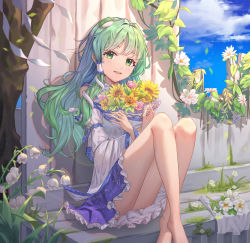 Rule 34 | 1girl, absurdres, al guang, barefoot, blue skirt, bouquet, cloud, crossed ankles, day, detached sleeves, feet out of frame, flower, frog hair ornament, green eyes, green hair, hair ornament, hair tubes, hibiscus, highres, holding, holding bouquet, knees up, kochiya sanae, light blush, light smile, long hair, looking at viewer, outdoors, parted lips, petticoat, pink flower, pink rose, rose, shirt, sitting, skirt, sky, snake hair ornament, solo, sunflower, tareme, touhou, tree, very long hair, white flower, white shirt, yellow flower