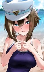 Rule 34 | 1girl, absurdres, animal ears, bare shoulders, blue eyes, blue one-piece swimsuit, blue sky, blush, breasts, brown hair, cheval grand (umamusume), commentary request, ear covers, hair between eyes, hat, highres, horse ears, horse girl, lens flare, medium breasts, multicolored hair, ocean, one-piece swimsuit, open mouth, outdoors, peaked cap, sky, solo, streaked hair, sweat, swimsuit, totoki86, tracen swimsuit, umamusume, upper body, white hair, white hat