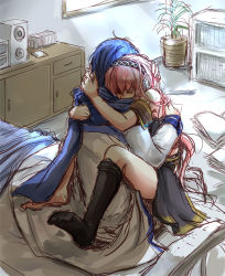 Rule 34 | 1boy, 1girl, bad id, bad pixiv id, bed, blue hair, blue scarf, cd, closed eyes, clothed sex, comforting, couple, from above, hand on head, headphones, hetero, hug, indoors, kaito (vocaloid), long hair, megurine luka, mizunoto, mizunoto+, pink hair, plant, scarf, sex, sketch, socks, stereo, straddling, tears, upright straddle, vaginal, very long hair, vocaloid