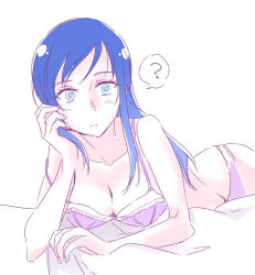 Rule 34 | 1girl, ?, bed sheet, blue eyes, blue hair, blush, bra, breasts, cleavage, closed mouth, collarbone, dokidoki! precure, frown, groin, hishikawa rikka, long hair, lying, medium breasts, negom, on stomach, panties, pink bra, pink panties, precure, simple background, sketch, solo, speech bubble, straight hair, underwear, underwear only, white background