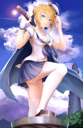 Rule 34 | 1girl, ahoge, alternate costume, arm up, artoria pendragon (all), artoria pendragon (fate), ass, bad id, bad pixiv id, blonde hair, blue cape, blue skirt, braid, breasts, cape, closed mouth, cloud, cloudy sky, contrail, day, dixie cup hat, eyebrows, fate/stay night, fate (series), flock, french braid, from below, gloves, green eyes, hat, highres, holding, holding sword, holding weapon, looking at viewer, looking down, medium breasts, military hat, omoti (1201208), outdoors, plaid, plaid skirt, saber (fate), sailor, sailor hat, sheath, sheathed, shoes, short hair, short sleeves, single glove, skirt, sky, smile, solo, standing, sun, sword, thighhighs, thighs, weapon, white gloves, white thighhighs