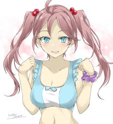 Rule 34 | 1girl, ahoge, bikini, blue bikini, blue eyes, breasts, collarbone, frilled bikini, frills, gakky, hair bobbles, hair ornament, kantai collection, long hair, looking at viewer, medium breasts, official alternate costume, one-hour drawing challenge, pink eyes, pink hair, purple scrunchie, sazanami (kancolle), scrunchie, solo, swimsuit, twintails, upper body, wrist scrunchie
