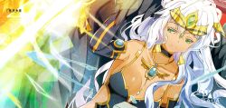 Rule 34 | 1girl, breasts, cleavage, dark angel metatron (p&amp;d), elbow gloves, gloves, green eyes, heco (mama), long hair, puzzle &amp; dragons, solo, white hair