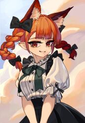 Rule 34 | 1girl, absurdres, alternate costume, animal ears, black skirt, bow, bowtie, braid, buttons, cat ears, extra ears, green bow, green bowtie, highres, kaenbyou rin, long hair, open mouth, pointy ears, qwas69, red eyes, red hair, shirt, short sleeves, skirt, smile, solo, touhou, twin braids, upper body, white shirt