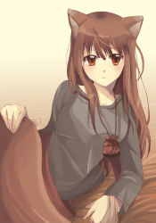 Rule 34 | 00s, 1girl, animal ears, bad id, bad pixiv id, brown hair, chocho (homelessfox), dandelions (pixiv), holo, long hair, red eyes, spice and wolf, tail, wolf ears, wolf tail