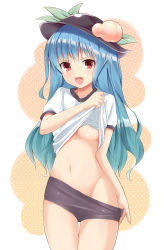 Rule 34 | 1girl, alcohol (coldfront), bad id, bad pixiv id, blue hair, blush, breasts, buruma, buruma pull, clothes lift, clothes pull, coldfront, female focus, food, fruit, groin, hat, highres, hinanawi tenshi, lifting own clothes, long hair, navel, nipple slip, nipples, no bra, no panties, open mouth, peach, pulling own clothes, red eyes, shirt lift, solo, sportswear, touhou, underboob, undressing