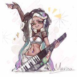 Rule 34 | 1girl, arm up, black hair, breasts, cephalopod eyes, character name, cleavage, colored tips, commentary request, cropped legs, furrowed brow, green eyes, headphones, holding, holding instrument, instrument, keyboard (instrument), keytar, long hair, marina (splatoon), medium breasts, mole, mole under mouth, multicolored hair, navel piercing, nintendo, octoling, pants, piercing, purple hair, smile, solo, sparkle, splatoon (series), splatoon 3, standing, teeth, tentacle hair, thenintlichen96, very long hair, white background, white pants