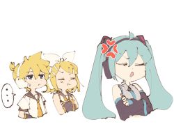 Rule 34 | ..., 1boy, 2girls, :t, anger vein, angry, aqua hair, aqua necktie, bare shoulders, black sleeves, blonde hair, blue eyes, chibi, collar, commentary, cropped torso, crossed arms, detached sleeves, grey collar, grey shirt, grey sleeves, hair ornament, hairclip, hatsune miku, headphones, highres, kagamine len, kagamine rin, long hair, m0ti, multiple girls, necktie, open mouth, pout, shirt, short hair, short ponytail, short sleeves, sketch, sleeveless, sleeveless shirt, speech bubble, spiked hair, spoken ellipsis, sweat, swept bangs, twintails, upper body, v-shaped eyebrows, vocaloid, white background, white shirt, yellow neckwear