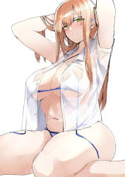 Rule 34 | 1girl, absurdres, arms up, bikini, blouse, blue bikini, blush, breasts, brown hair, criss-cross halter, girls&#039; frontline, green eyes, halterneck, hand in own hair, highres, kyoyakyo, large breasts, long hair, looking at viewer, micro bikini, navel, o-ring, o-ring bikini, official alternate costume, open clothes, open shirt, see-through, see-through skirt, shirt, simple background, skirt, solo, springfield (girls&#039; frontline), springfield (stirring mermaid) (girls&#039; frontline), swimsuit, white background, white bikini, white shirt